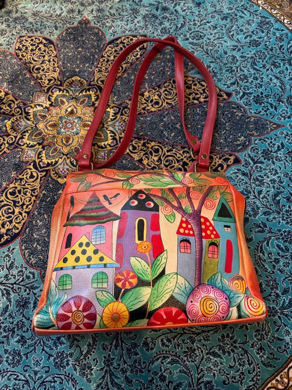 Colorful Anna by  Anushka Hand-Painted Village Scene Leather Bag - Handles